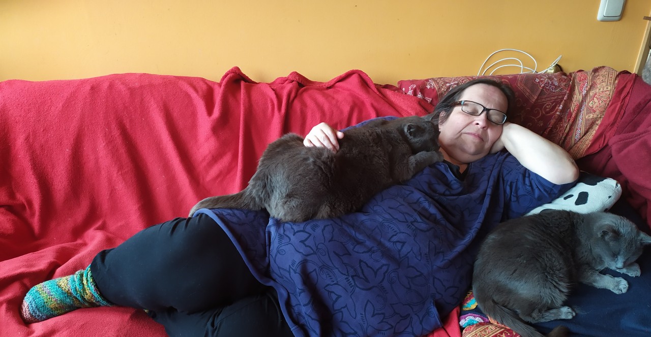 Erzählerin liegt auf Sofa, Katze liegt auf Erzählerin