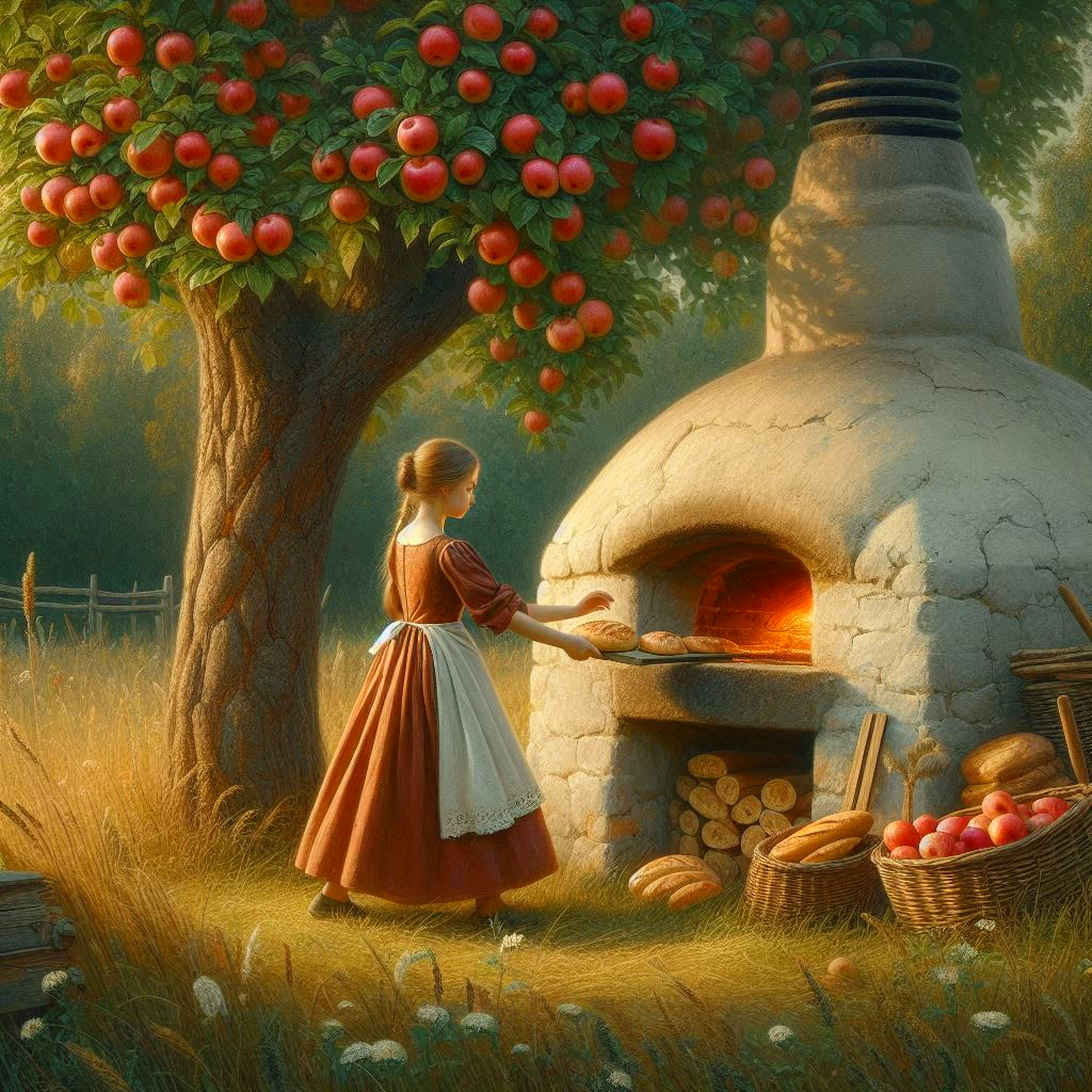 Junges Mädchen in mittelalterlicher Kleidung holt Brot aus einem Backofen, der unter einem Apfelbaum mit roten Äpfeln steht