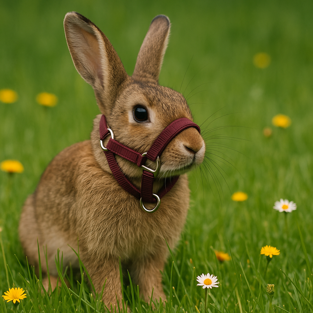 Hase mit Pferdehalfter auf Wiese mit Löwenzahn und Gänseblümchen