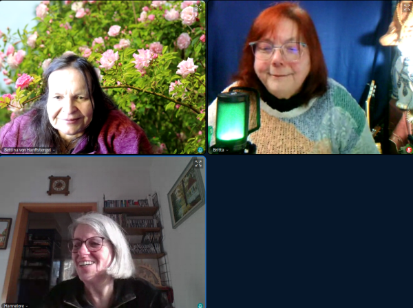 Bettina, Britta Osagahara und Hannelore Spengler beim Online-Meeting