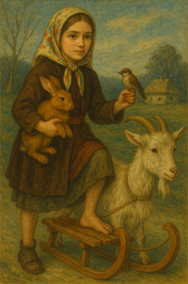 Ein KI-generiertes Bild, das im Stil eines Bildes in einem Märchenbuch ein etwa siebenjähriges Mädchen zeigt, das mit einem Fuß auf einem Schlitten steht, vor den eine weiße Ziege gespannt ist. Unter dem rechten Arm trägt sie einen Hasen, in der linken Hand hält sie einen Spatz
