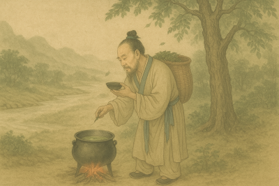 Das KI generierte Bild zeigt Shennong, der sich, mit seiner Kräuterkraxe auf dem Rücken über einen Kessel beugt, eine Schale mit Tee in der Hand