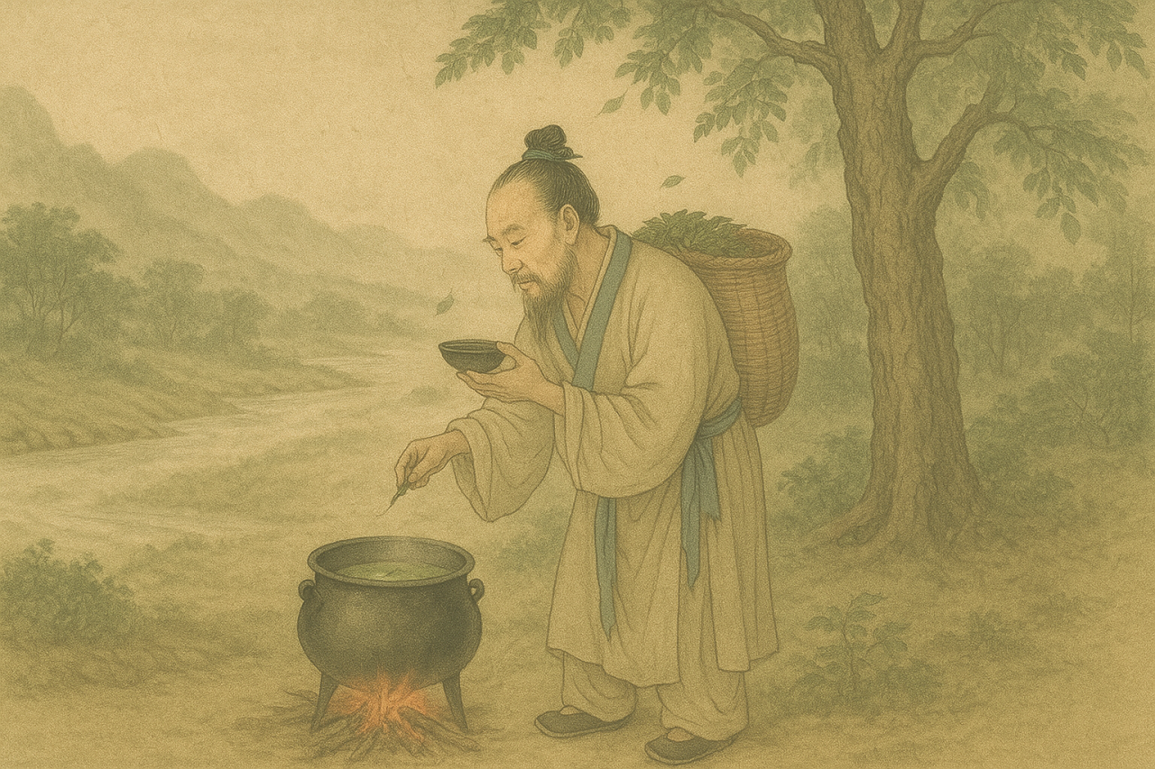 Das mit KI erstellte Bild zeigt im Stil eines chinesischen Gemäldes einen Bauern, der sich über einen dreibeinigen Kessel beugt. Auf dem Rücken hat er eine Kraxe mit grünen Blättern. In der Hand hält er eine Teeschale