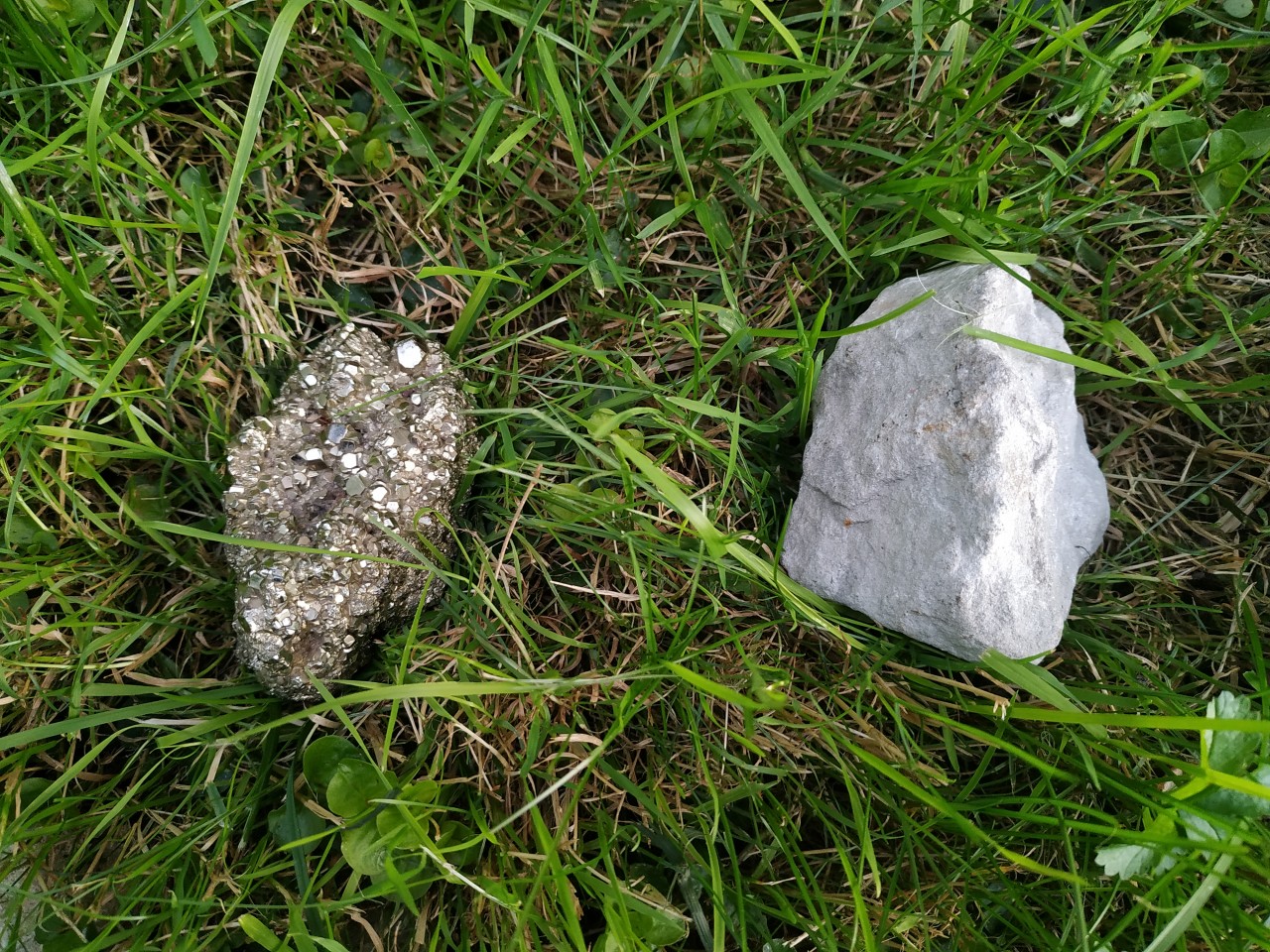 Im  Gras liegen ein Pyrit und ein Feldstein