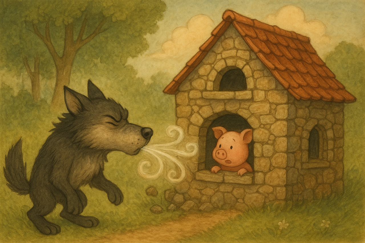 Der Wolf und das Haus aus Stein Ki-generiertes Bild zeigt einen Wolf, der versucht ein Haus aus Stein umzublasen. Aus dem Fenster schaut ein Schweinchen heraus