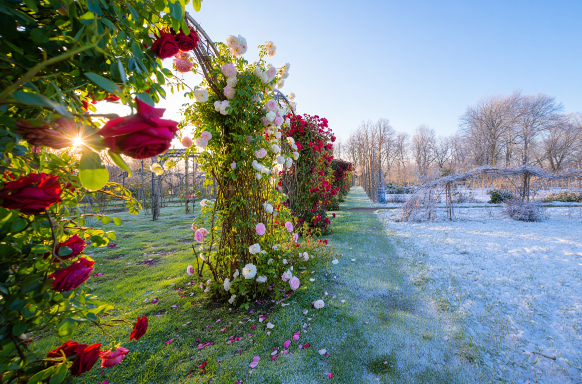 Auf der linken Seite ist ein Garten mit blühenden Rosen, auf der rechten Seite sind der Garten und die Bäume im Hintergrund mit Schnee bedeckt
