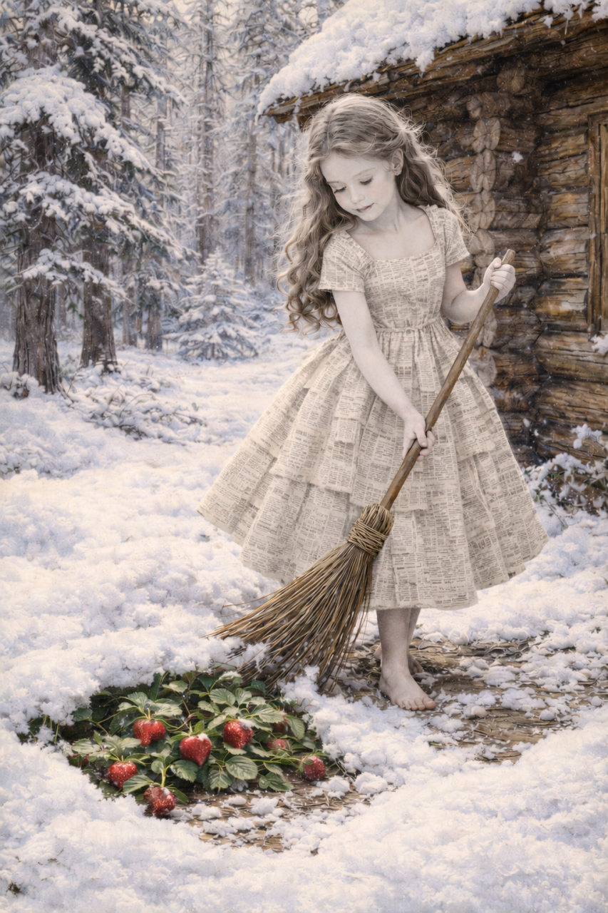 Ein Mädchen kehrt im Winterwald Schnee weg und findet darunter reife, rote Erdbeeren