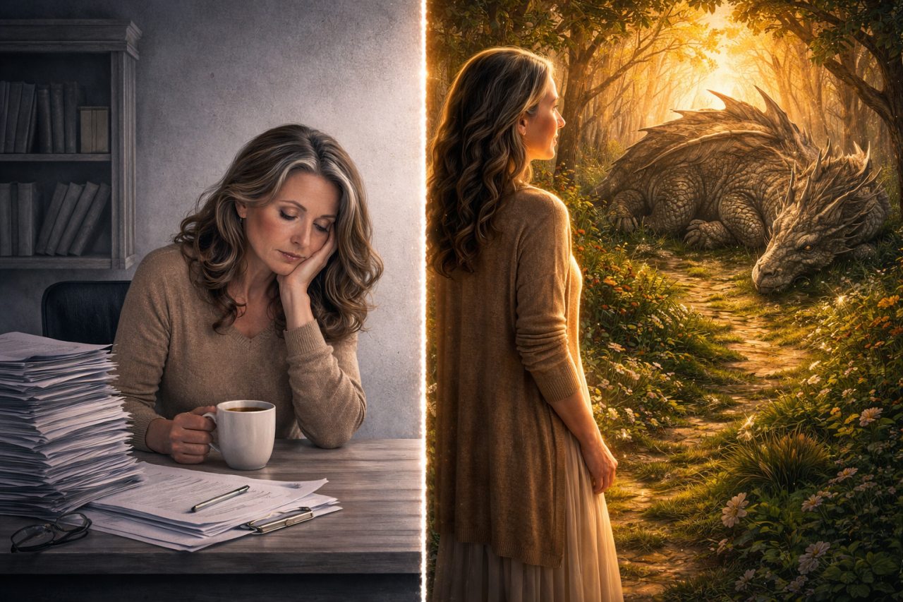 Links sitzt eine Frau mit Kaffeetasse an einem Schreibtisch mit Aktenstapeln, rechts steht dieselbe Frau vor einem schlafenden Drachen in einem sonnendurchfluteten Wald