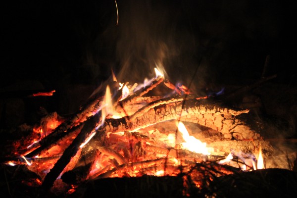 Lagerfeuer mit brennenden Holzscheiten in der Nacht