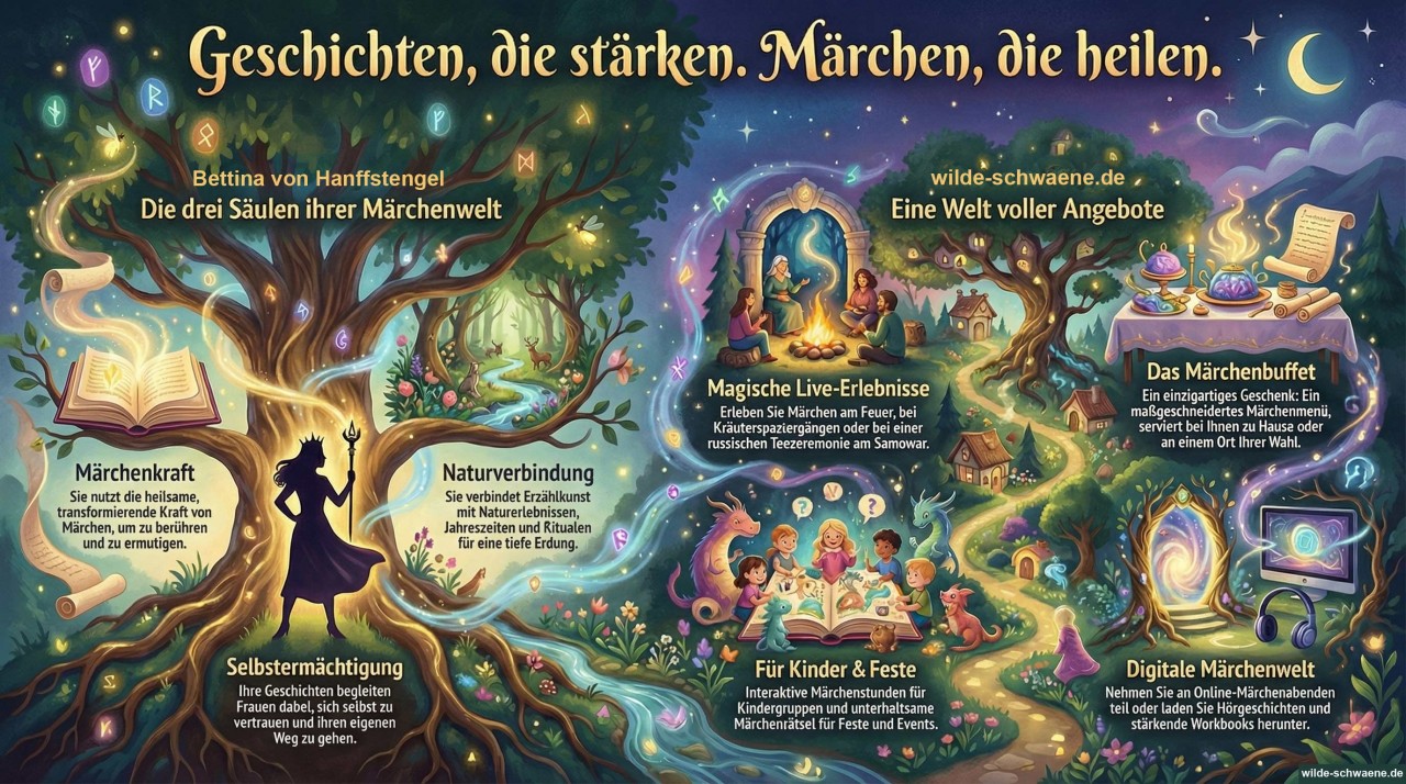 Illustration mit einer Frau vor einem Baum, umgeben von Symbolen und Texten zu Märchenkraft, Naturverbundenheit, Selbstermächtigung, magischen Live-Erlebnissen, einem Märchenbuffet und einer digitalen Märchenwelt
