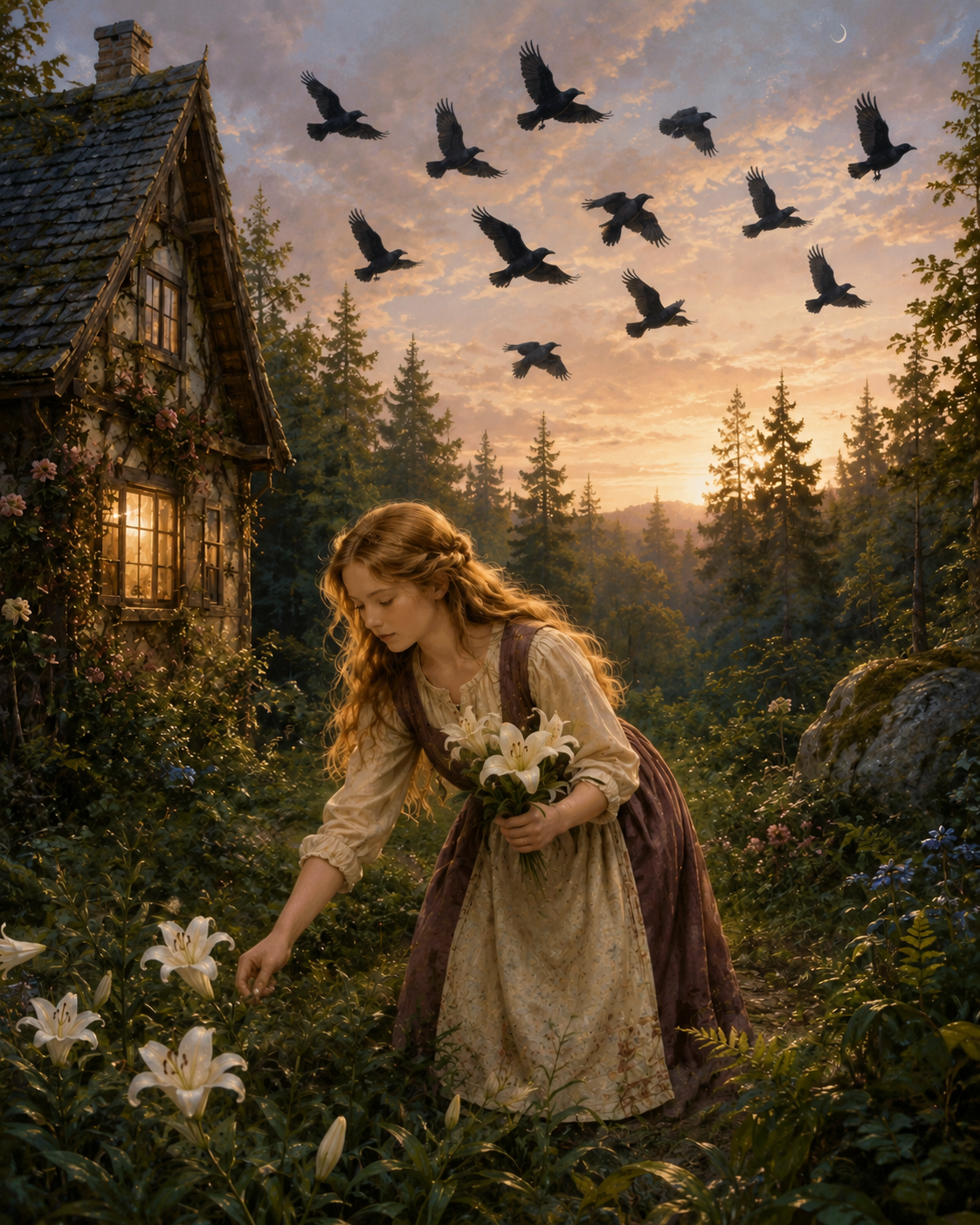 Mädchen in einem braunen Dirndl mit beiger Bluse und Schürze pflückt Lilien vor einem kleinen Haus im Wald während eines Sonnenuntergangs mit fliegenden Raben am Himmel