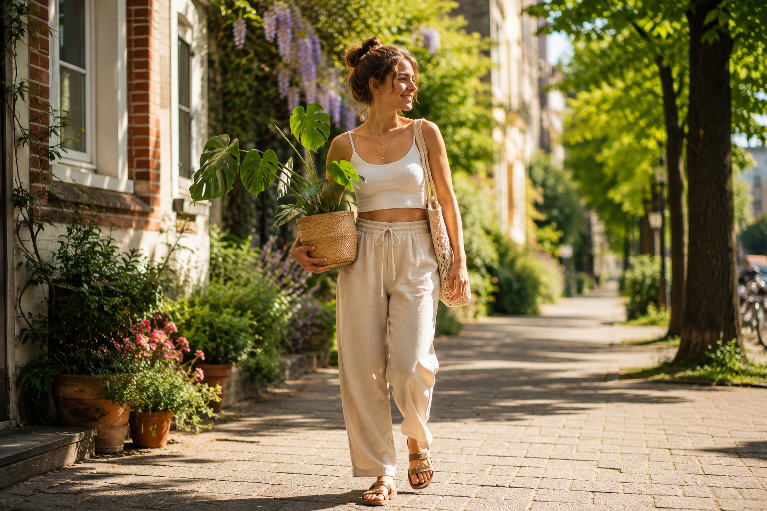 Frau in beiger Hose und weißem Top trägt einen Korb mit großer Zimmerpflanze und geht auf einem sonnigen Gehweg entlang