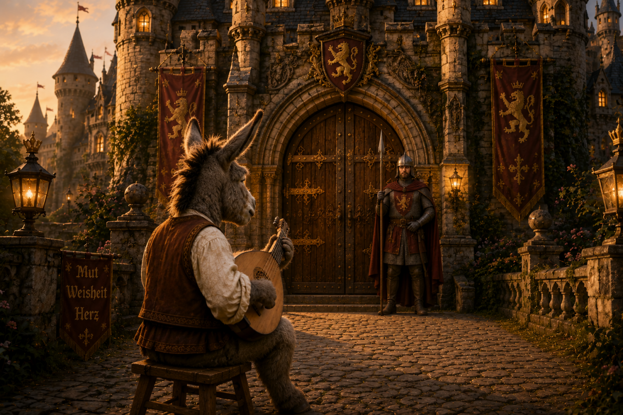 Ein Esel mit Weste sitzt auf einem Hocker und spielt eine Laute vor einem mittelalterlichen Schloss mit einem Ritter am Tor